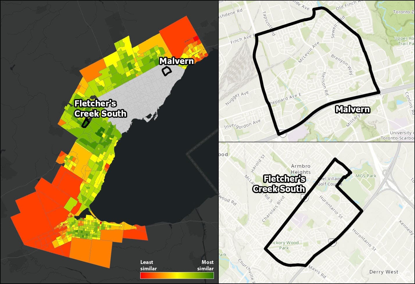 Comparison maps between Malvern and Creek South in Ontario