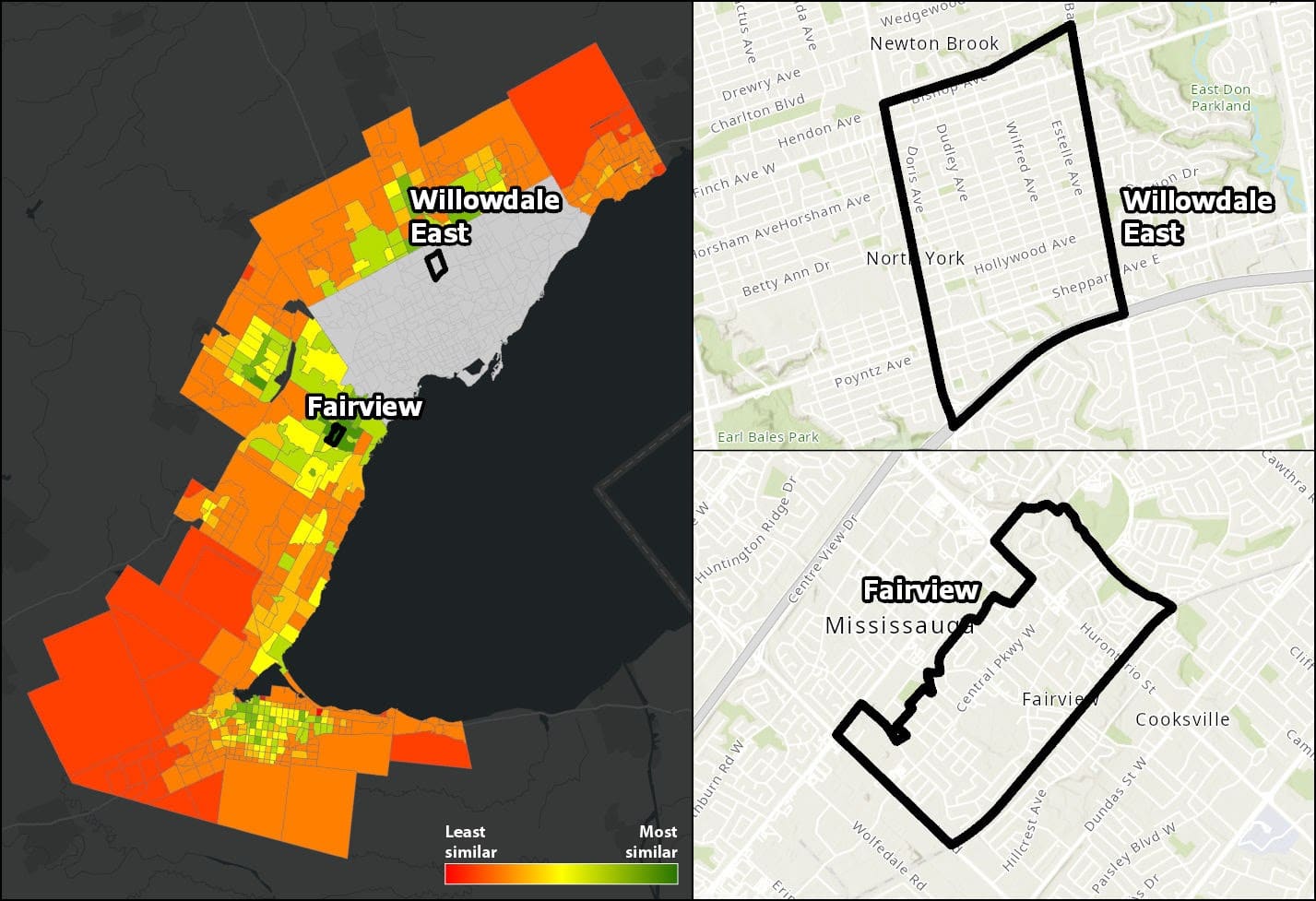 Comparison maps between Willowdale and Fairview in Ontario