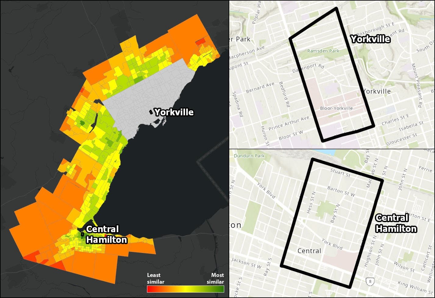 Comparison maps between Yorkville and Hamilton in Ontario