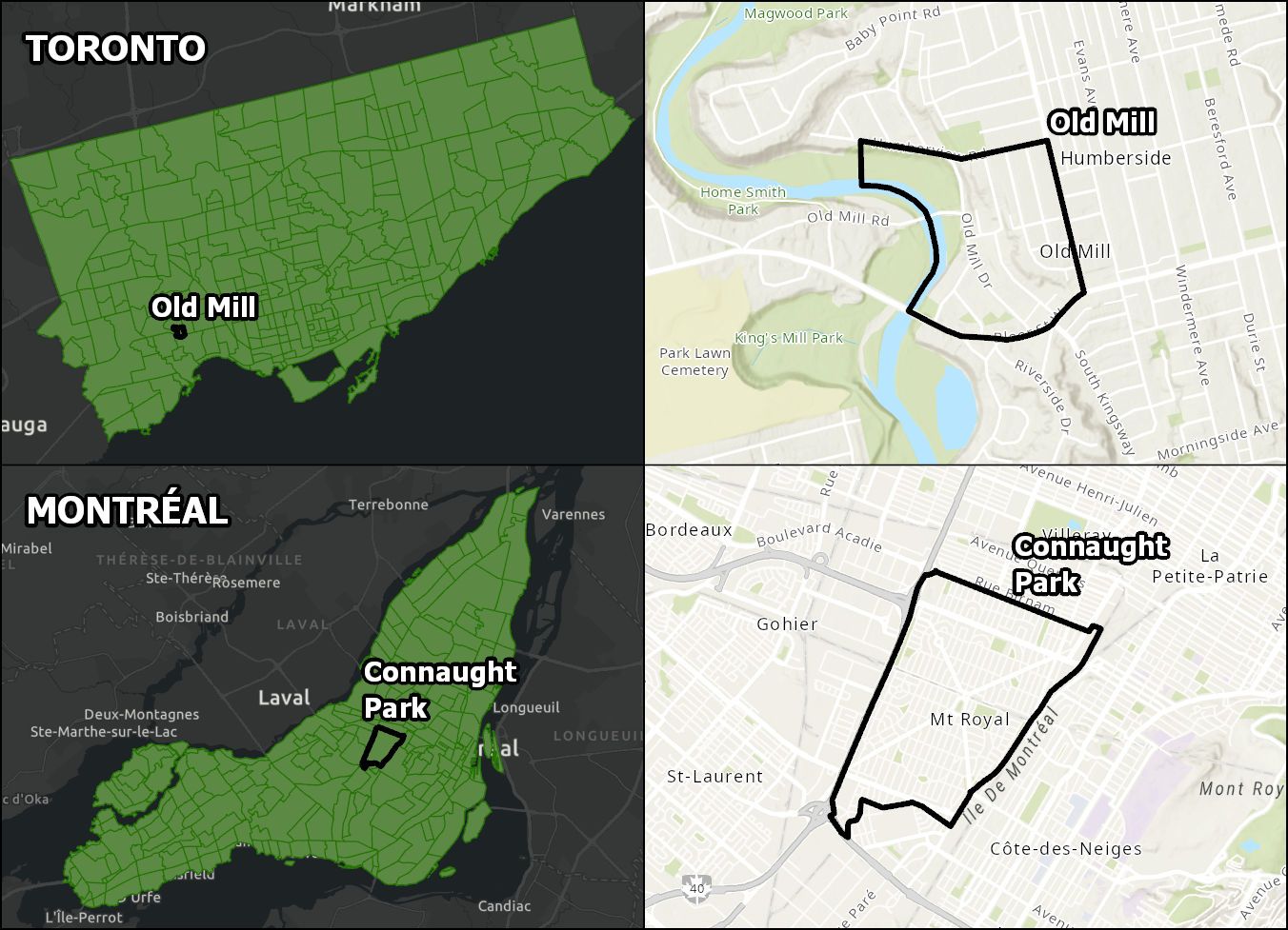 Comparison maps between Old Mill in Toronto and Connaught Park in Montreal