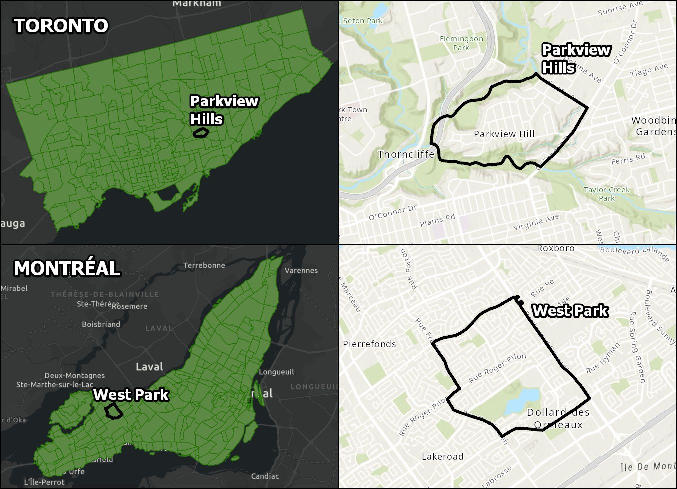 Comparison maps between Parkview Hills in Toronto and West Park in Montreal