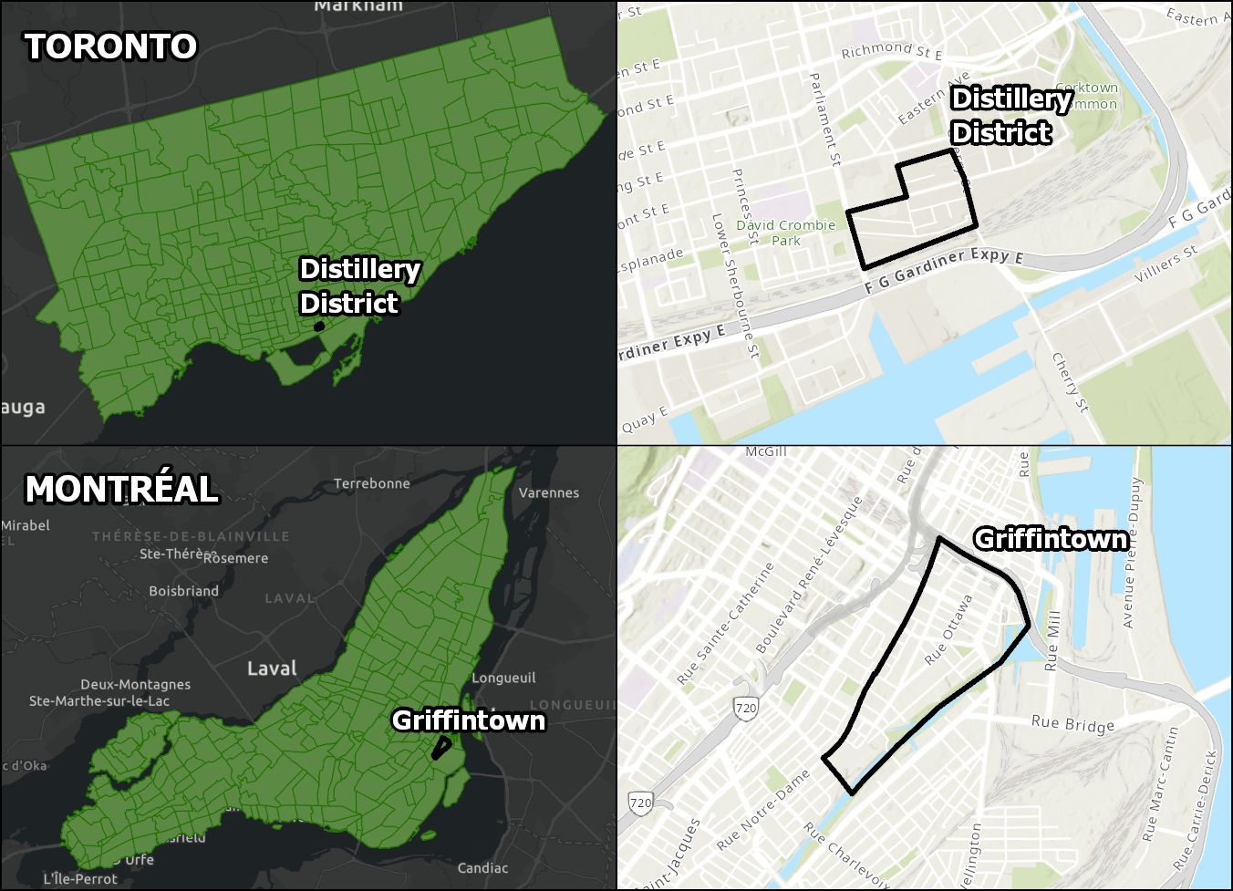 Comparison maps for Distillery District in Toronto and Griffintown in Montreal