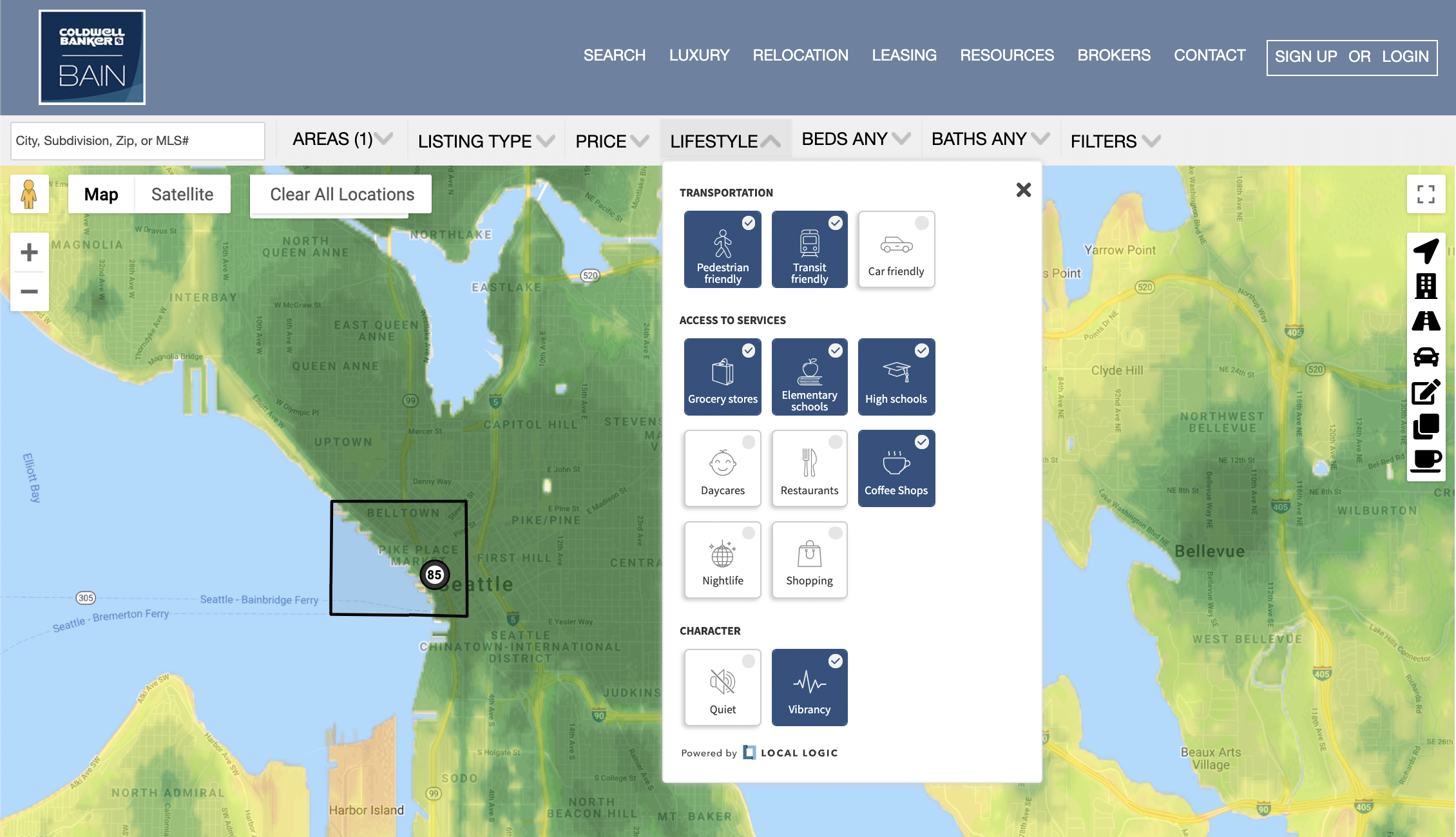 screenshot of cb bain platform integrating local logic location insights