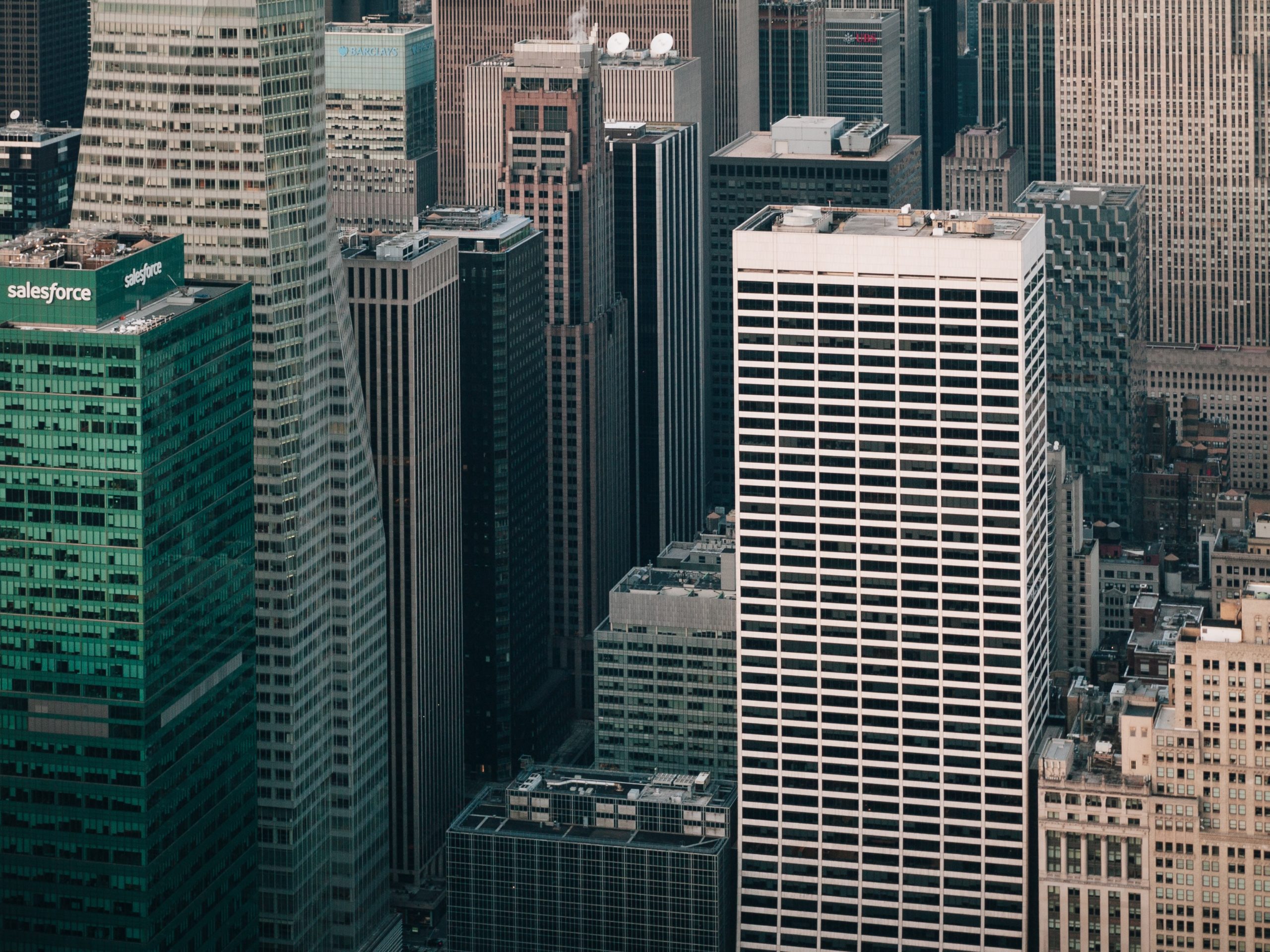 aerial shot of city skyscrapers