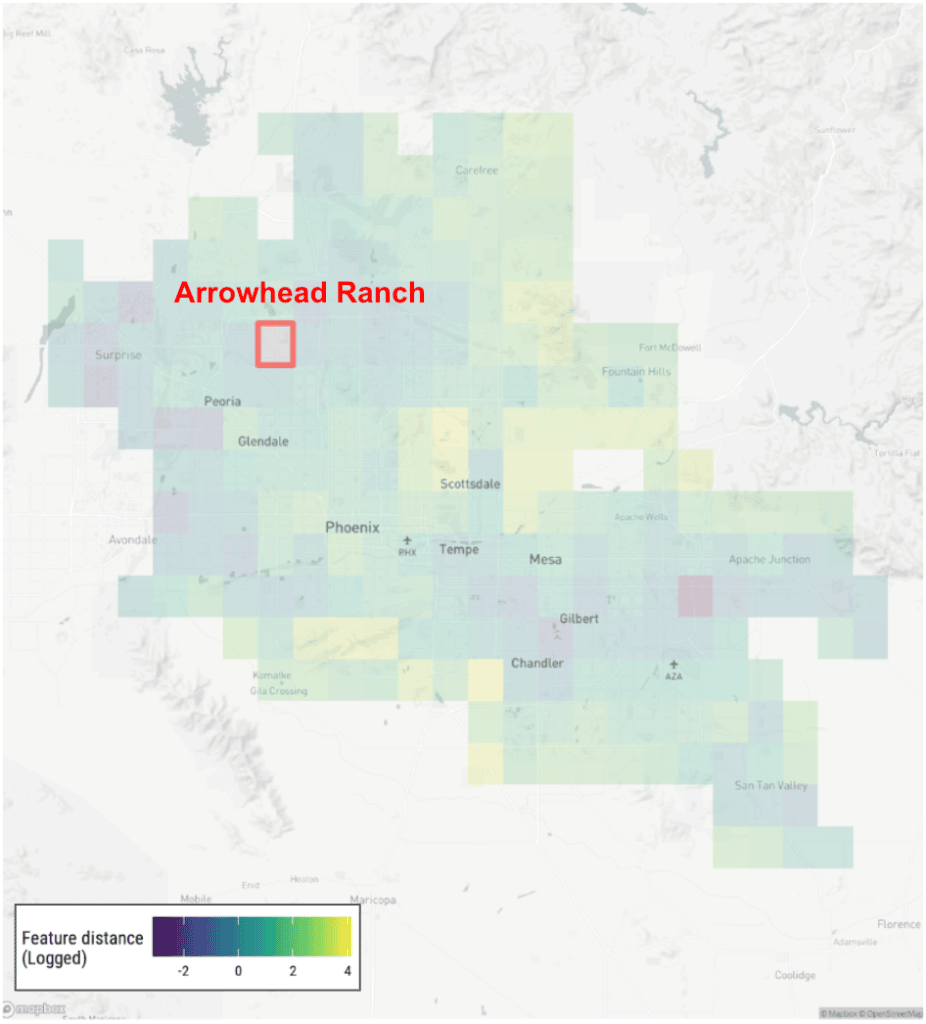 Heatmap measuring similarity of neighborhoods to Arrowhead Ranch, AZ