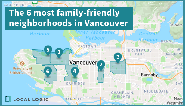 map showing the six most family friendly neighborhood in vancounver