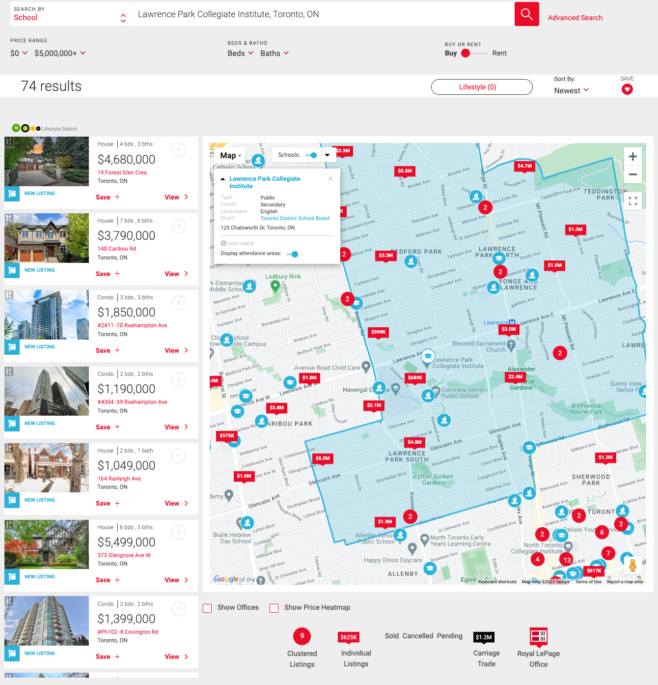 Map displaying all the properties in and around Lawrence Park Collegiate Institute Toronto, Ontario on Royal LePage's website