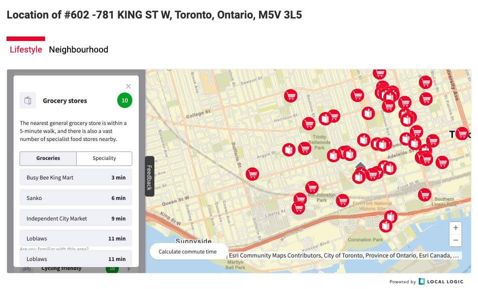 map on a Royal LePage property listing showcasing all the nearby grocery stores using Local Logic data