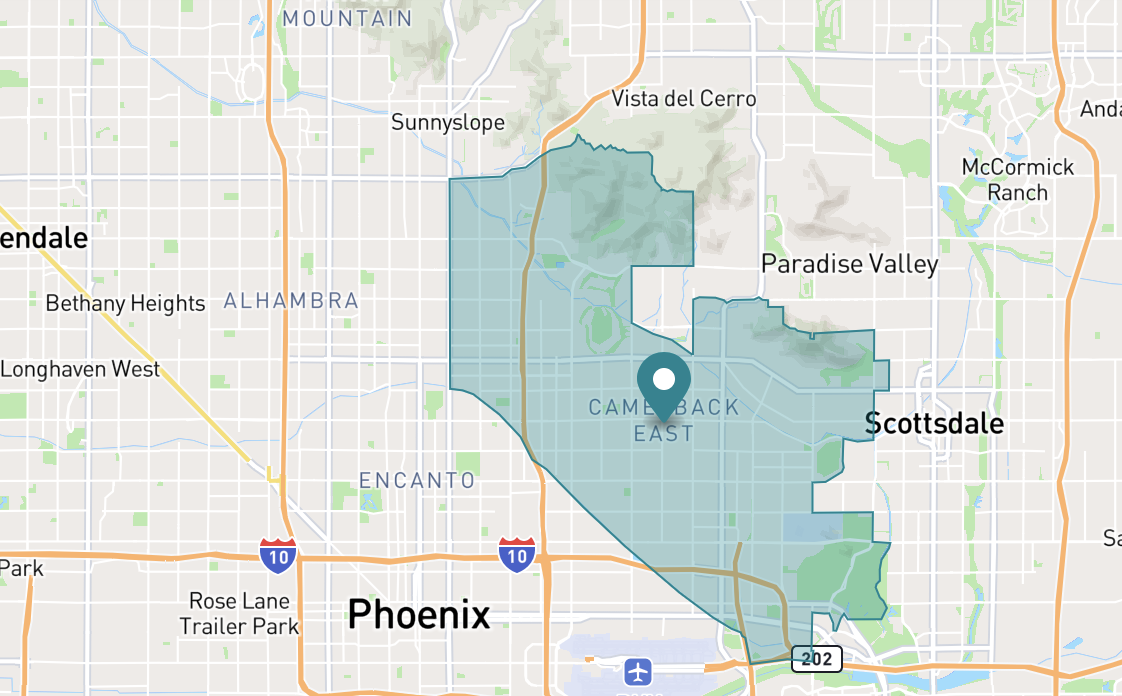 Map of Camelback East neighborhood in Phoenix, Arizona