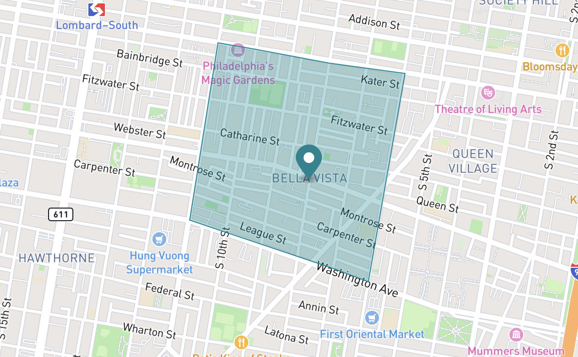 Map of Bella Vista neighborhood in Philadelphia, Pennsylvania