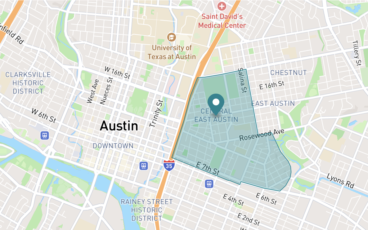 Map of Central East Austin neighborhood in Austin, Texas