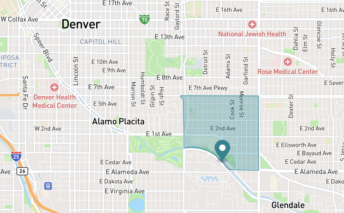 Map of Cherry Creek neighborhood in Denver, Colorado