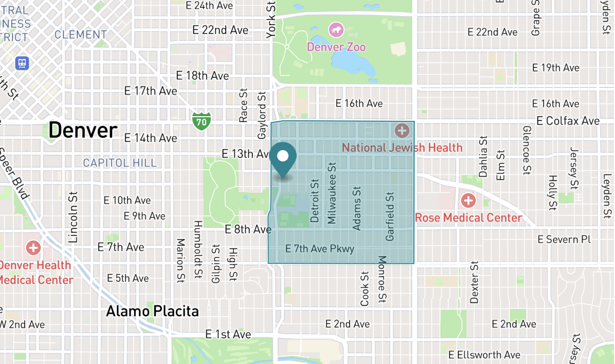Map of Congress Park neighborhood in Denver, Colorado