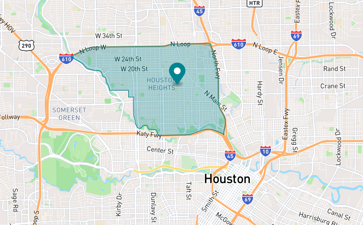 Map of Greater Heights neighborhood in Houston, Texas