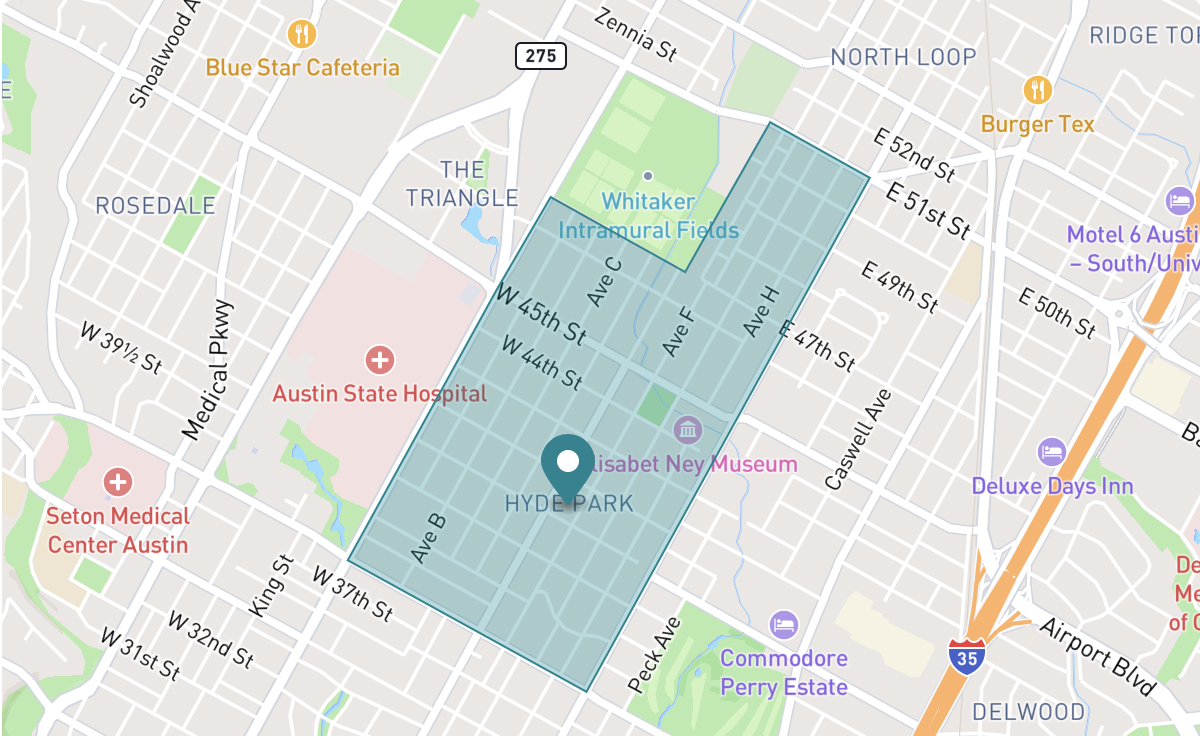 Map of Hyde Park neighborhood in Austin, Texas