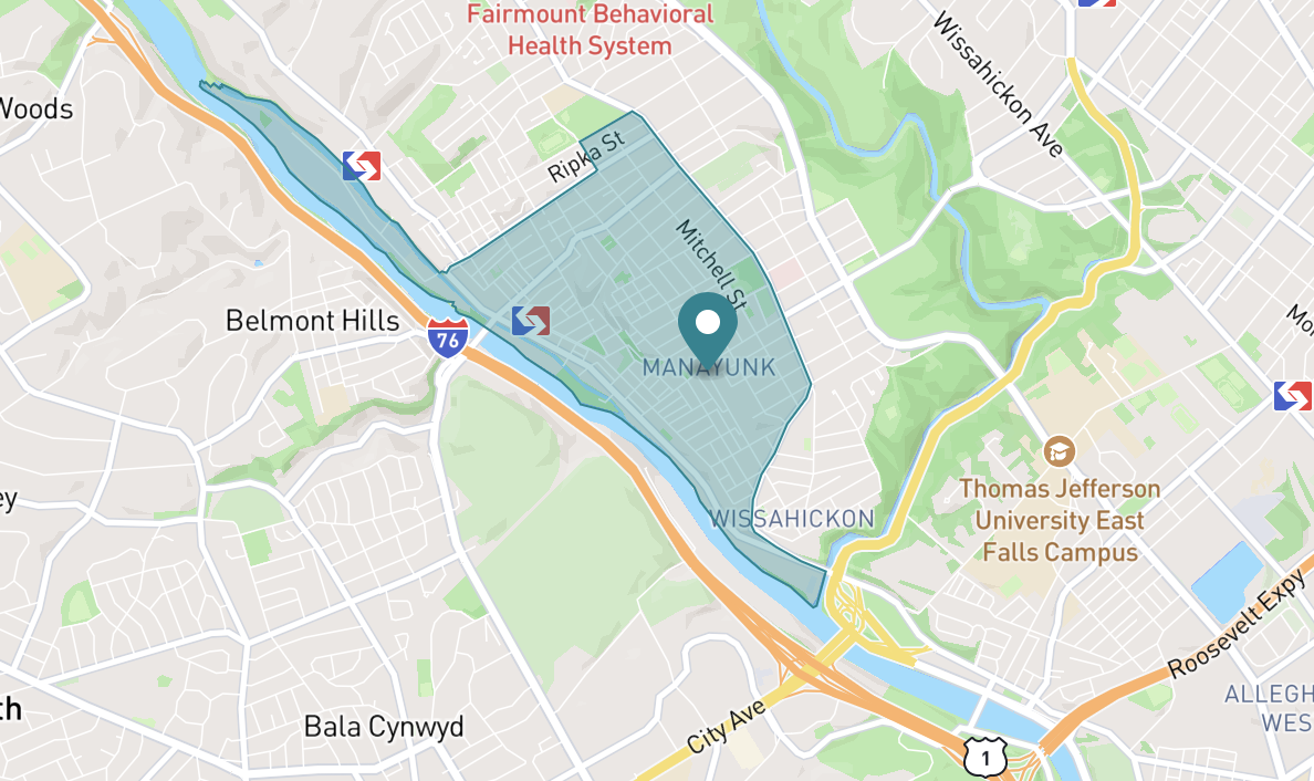 Map of Manayunk neighborhood in Philadelphia, Pennsylvania