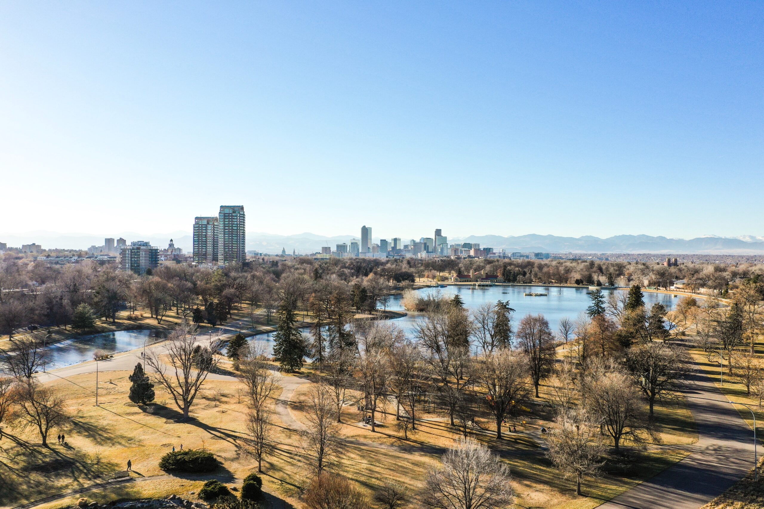 Aerial view of cityscape and parks in autumnal Denver Colorado