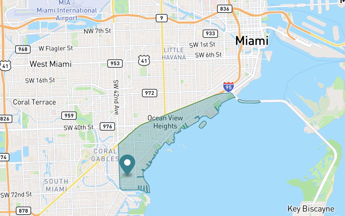 Map of Coconut Grove neighborhood in Miami, Florida