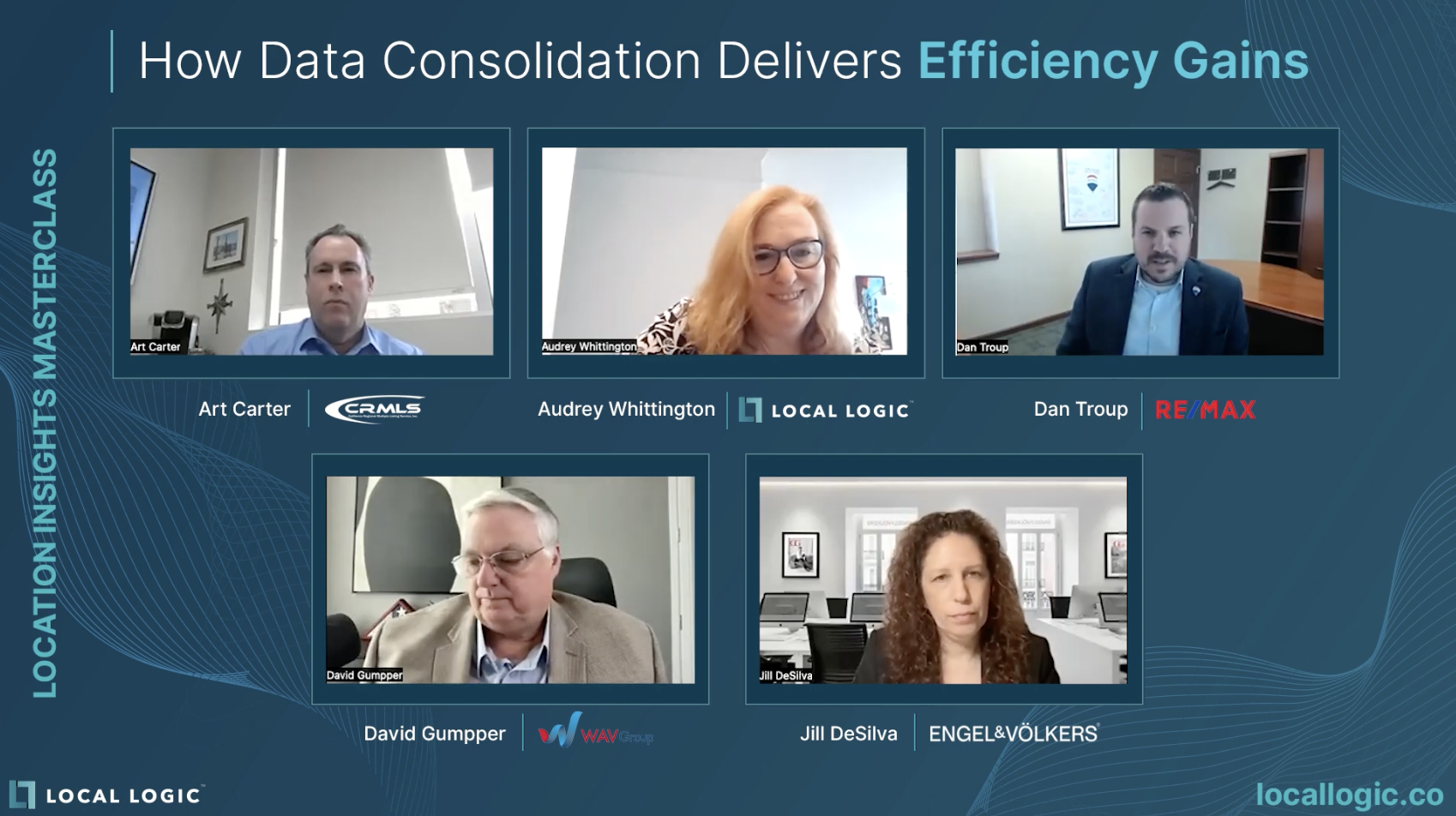 Still from Data Consolidation webinar featuring real estate leaders from CRMLS, RE/MAX, Engel and Volkers, Local Logic, and WAV Group