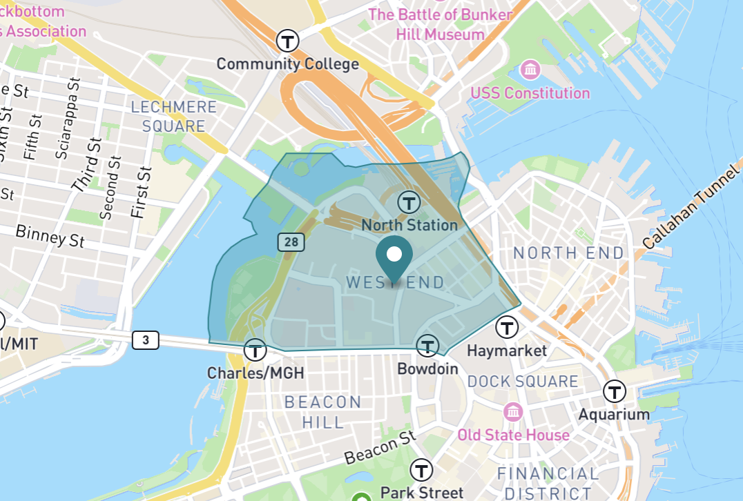 Map of West End in Boston, Massachusetts