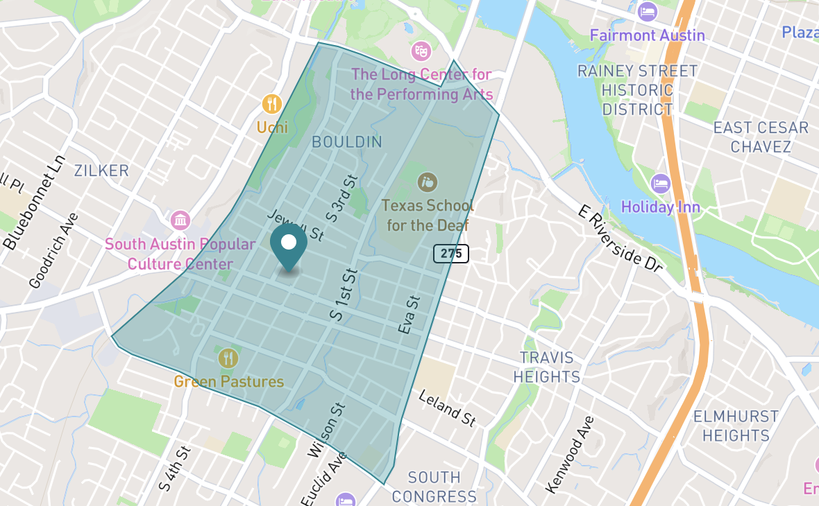 Map of Bouldin Creek neighborhood in Austin, Texas