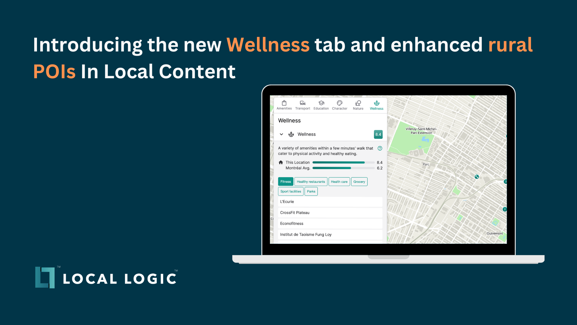 Promotional visual graphic announcing Local Logic’s latest product update including the new Wellness tab and enhanced rural POIs in Local Content