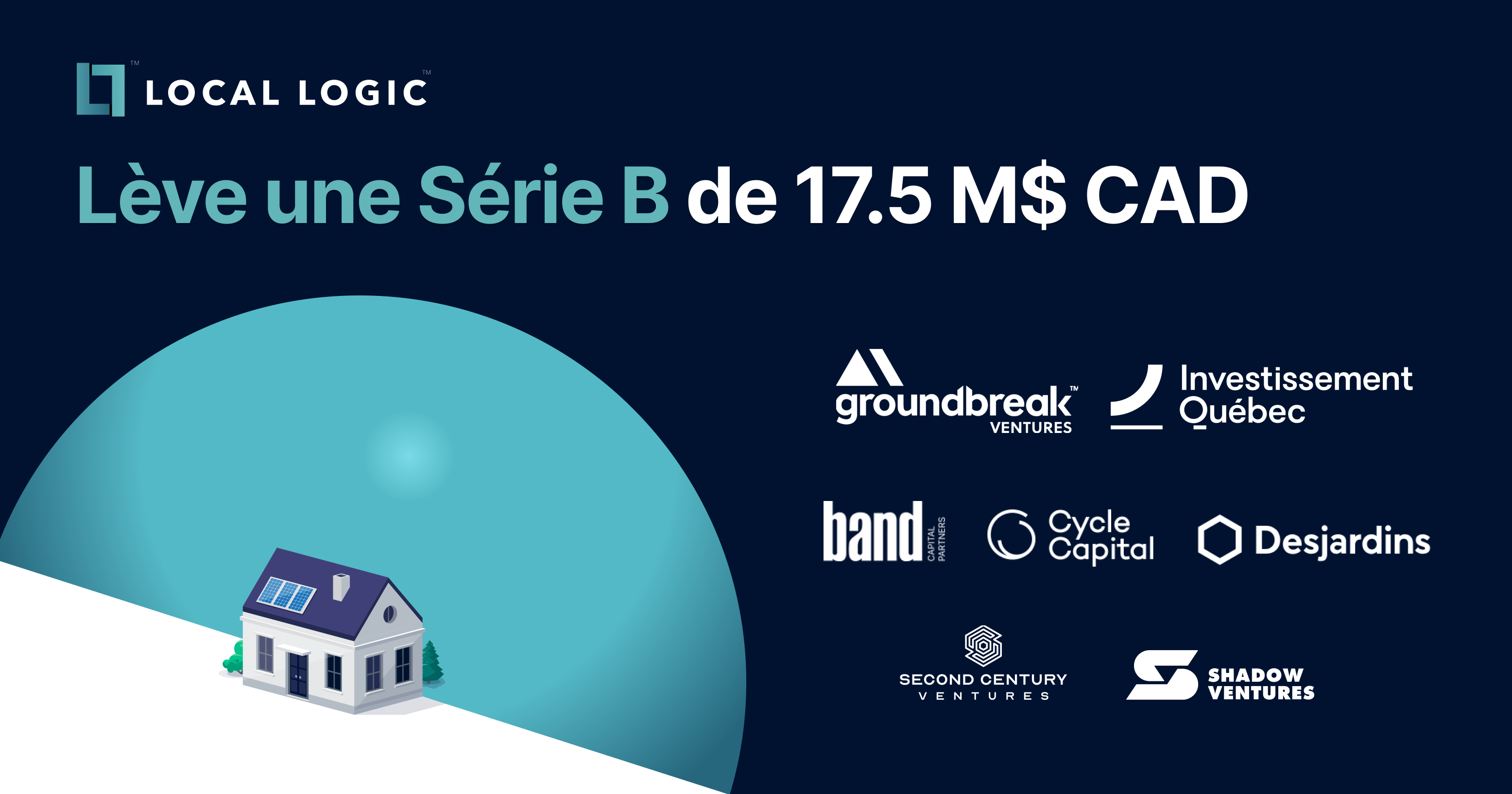 Graphique visuel promotionnel annonçant le financement de série B de Local Logic avec les logos des investisseurs (Groundbreak Ventures, Investissement Québec, Cycle Capital, Desjardins, Second Century Ventures et Shadow Ventures)