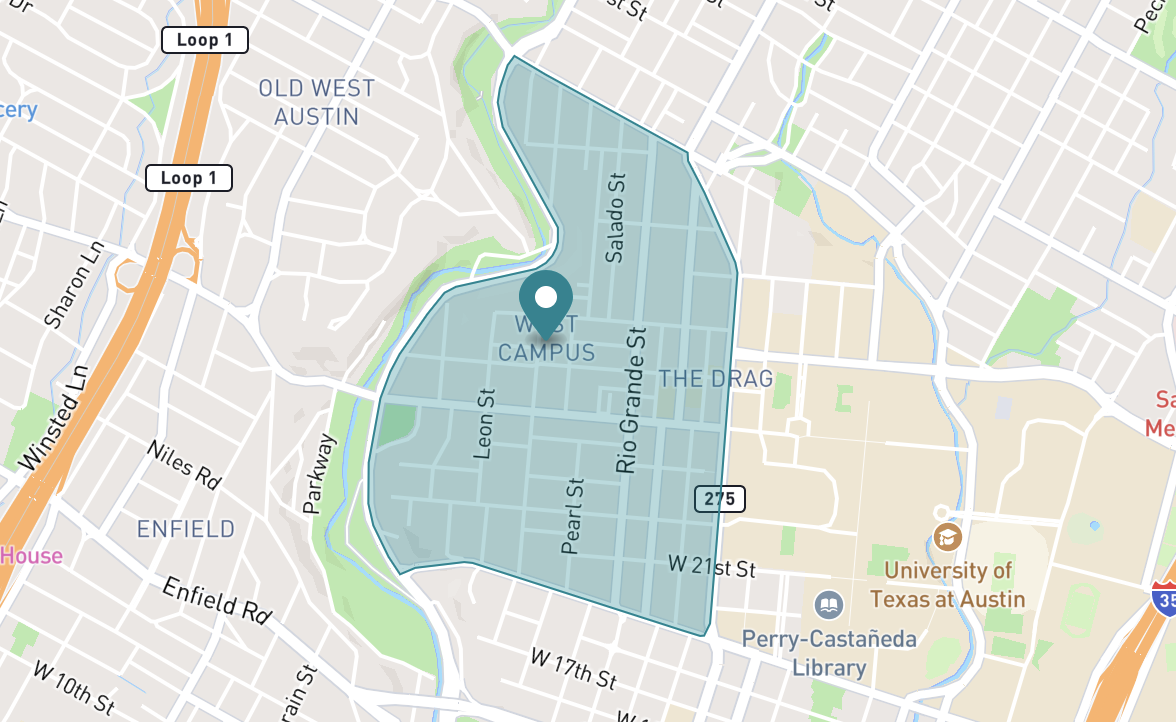 Map of West Campus neighborhood in Austin, Texas