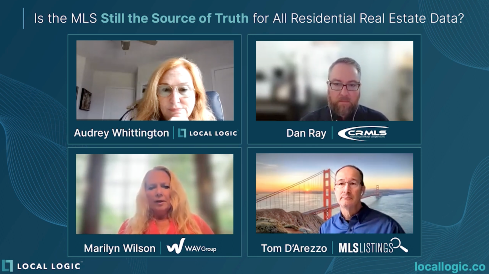 Promotional graphic to promote a webinar on MLS as the source of truth featuring real estate leaders from CRMLS (Dan Ray), WAVGroup (Marilyn WIlson), MLSListings (Tom D'Arezzo), and Local Logic (Audrey Whittington)