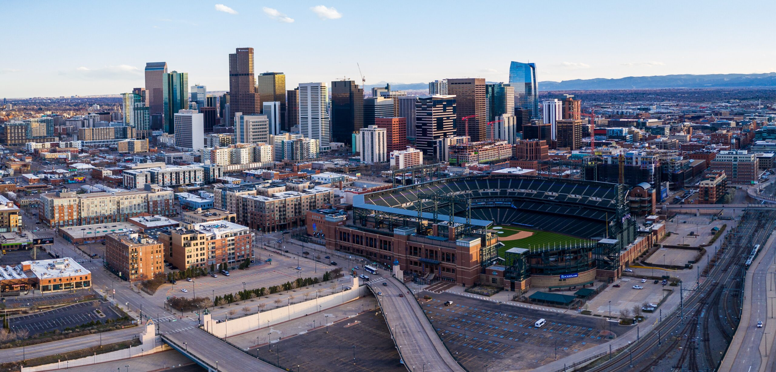 Aerial panorama of ballpark during rush hour in Denver Colorado