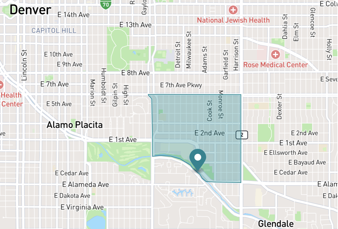 Map of Cherry Creek neighborhood in Denver, Colorado