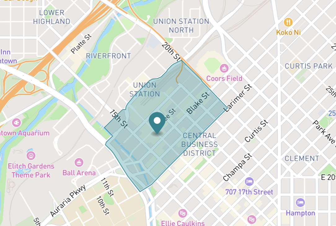 Map of Lower Downtown neighborhood in Denver, Colorado