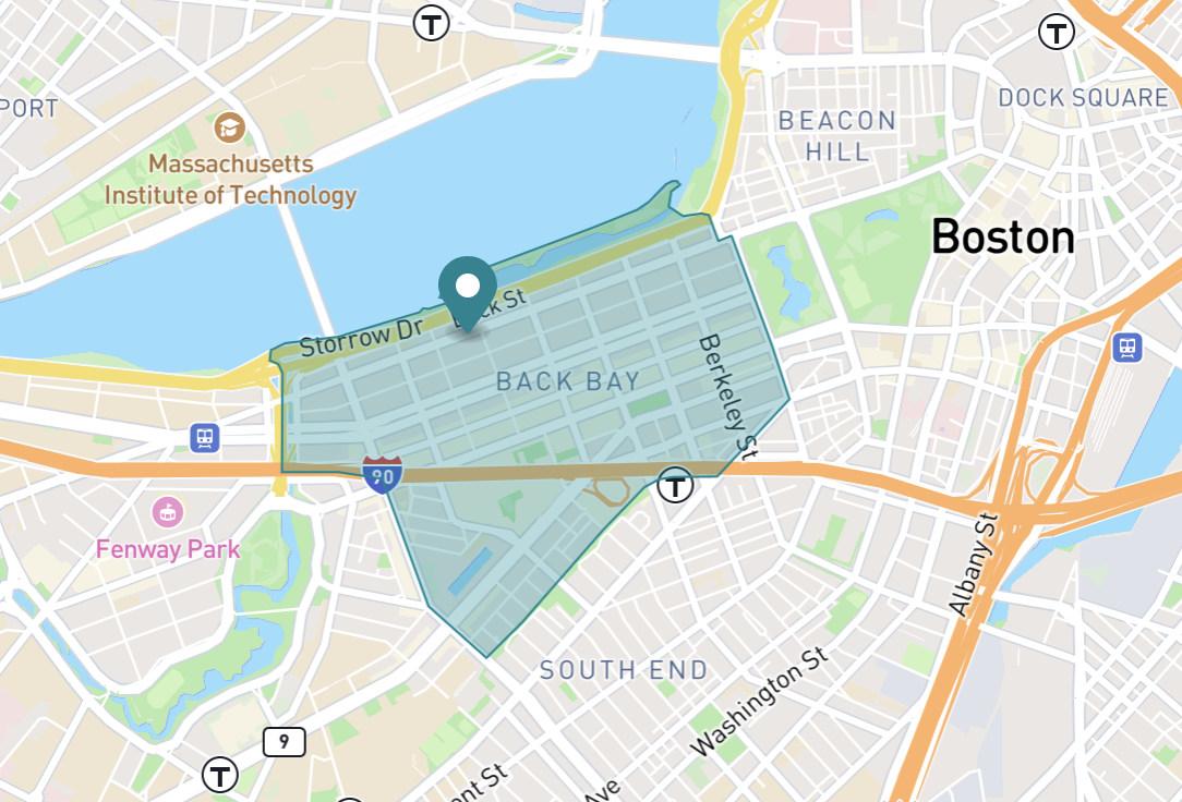 Map of Back Bay neighborhood in Boston, Massachusetts