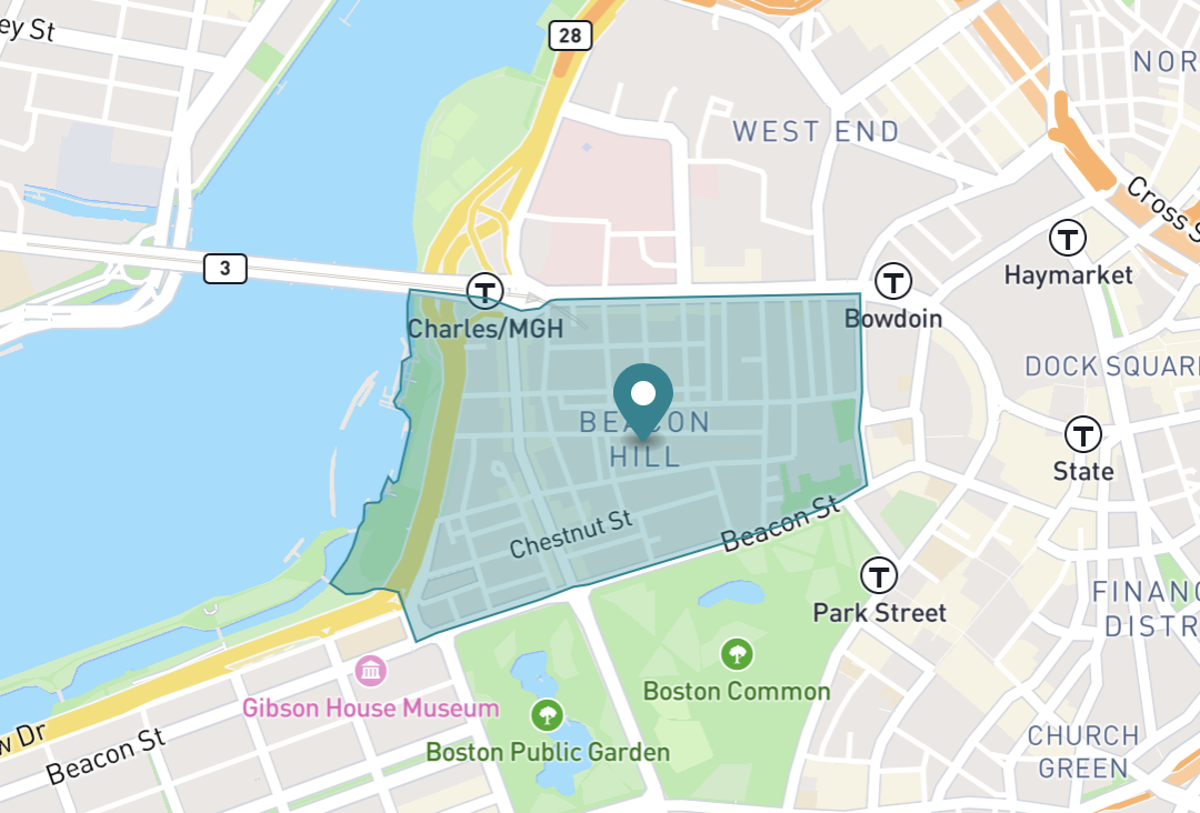 Map of Beacon Hill neighborhood in Boston, Massachusetts