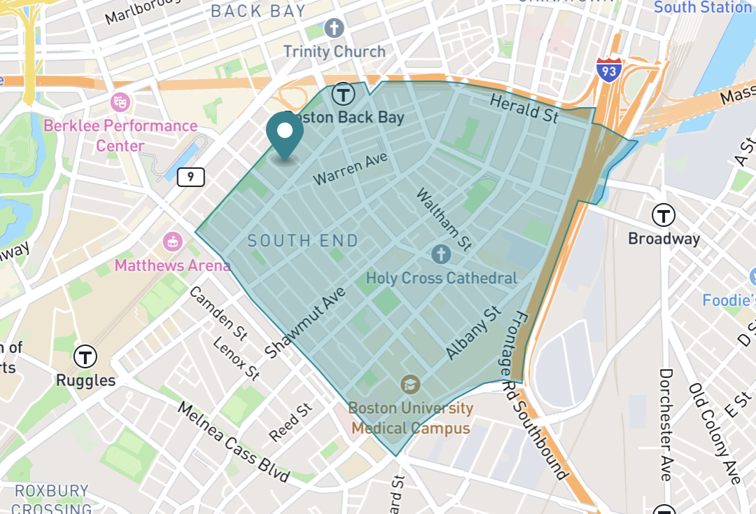 Map of South End neighborhood in Boston, Massachusetts