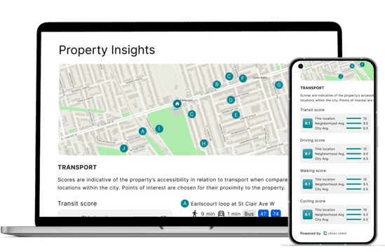 Preview of NeighborhoodIntel featuring property insights on a desktop and transport options on a mobile device