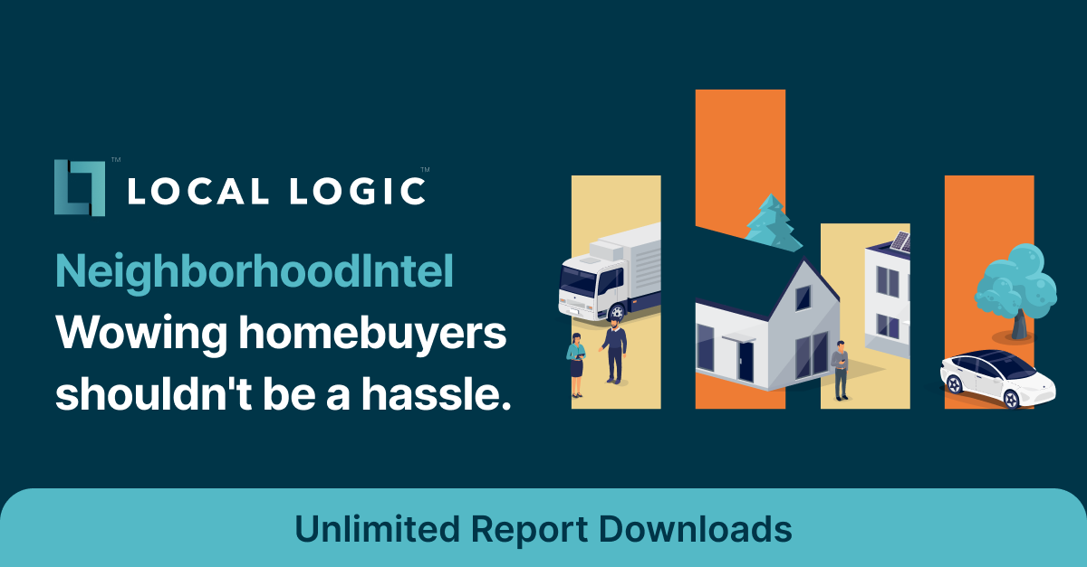 Local Logic logo on top of text saying NeighborhoodIntel Wowing homebuyers shouldn't be a hassle next to graphic visuals of a truck and two homebuyers next to a house and homeowner. The bottom text says unlimited report downloads