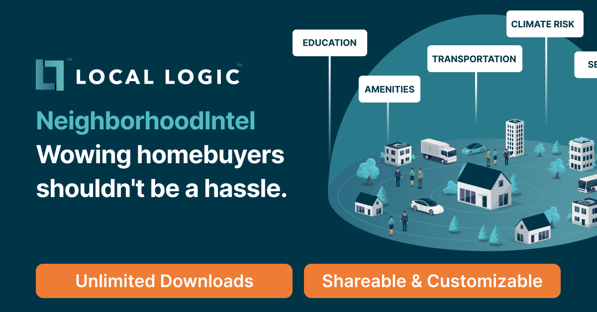 Local Logic logo on top of text saying NeighborhoodIntel Wowing homebuyers shouldn't be a hassle next to a graphic visual depicting a neighborhood. The text below says Unlimited Downloads and Shareable & Customizable