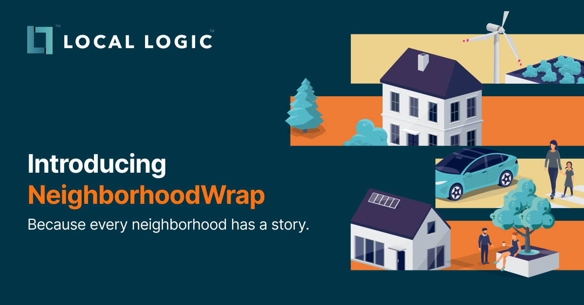 Local Logic logo on top of text "Introducing NeighborhoodWrap Because every neighborhood has a story." Next to it is a graphic representation of various aspects of a neighborhood, including a home, people in front of a tree, a car, and pedestrians crossing a street divided into chart-like rectangles