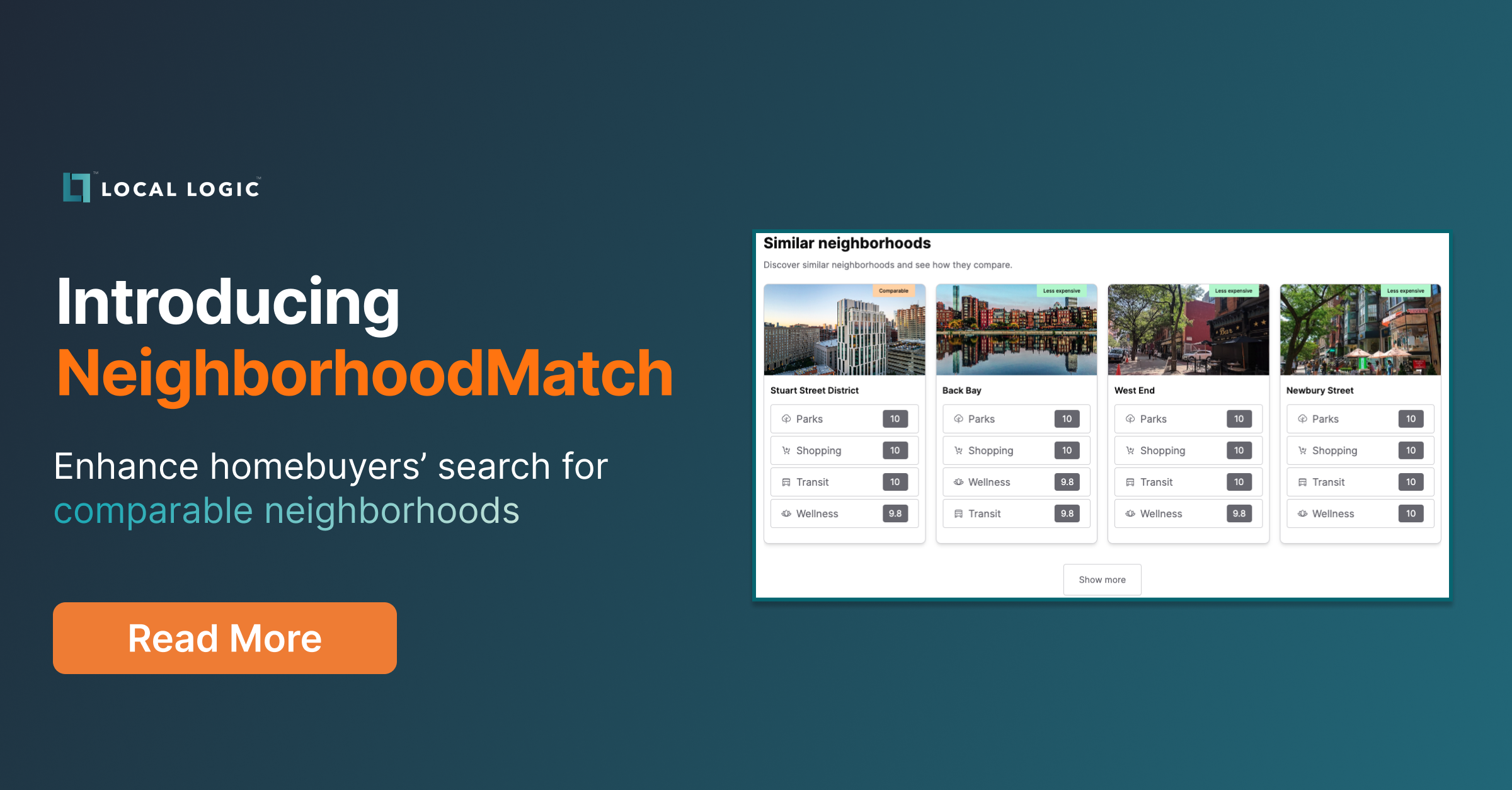 Local Logic logo on top of text "Introducing NeighborhoodMatch - Enhance homebuyers' search for comparable neighborhoods" Next to it is screenshot of NeighborhoodMatch a location intelligence solutions by Local Logic that provides insights and data on similar neighborhoods