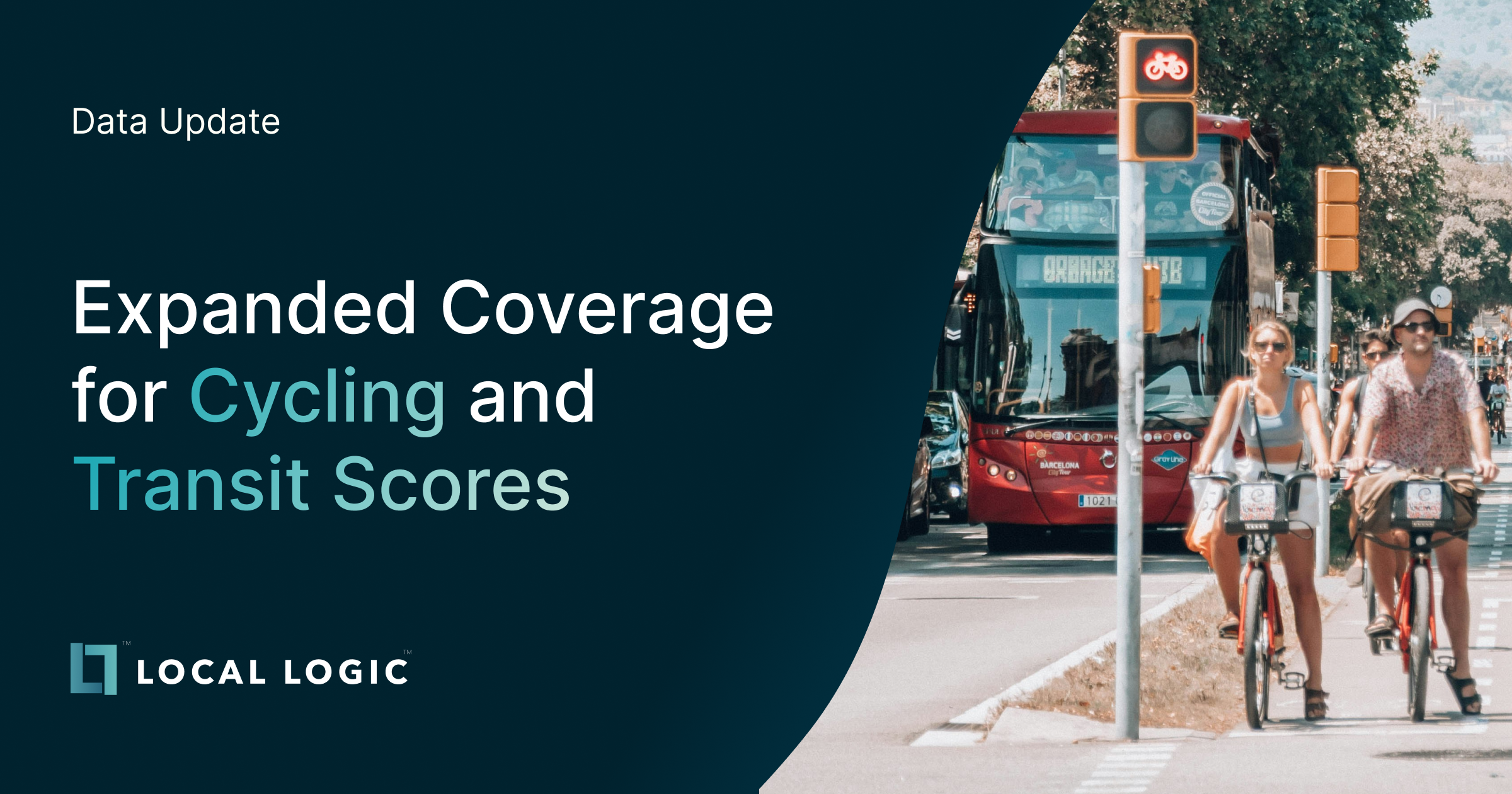 Promotion visual announcing data update featuring text that says "Expanded Coverage for Cycling and Transit Scores" on top of Local Logic's logo. Next to it is a photo of people cycling in a bike lane next to a parked bus