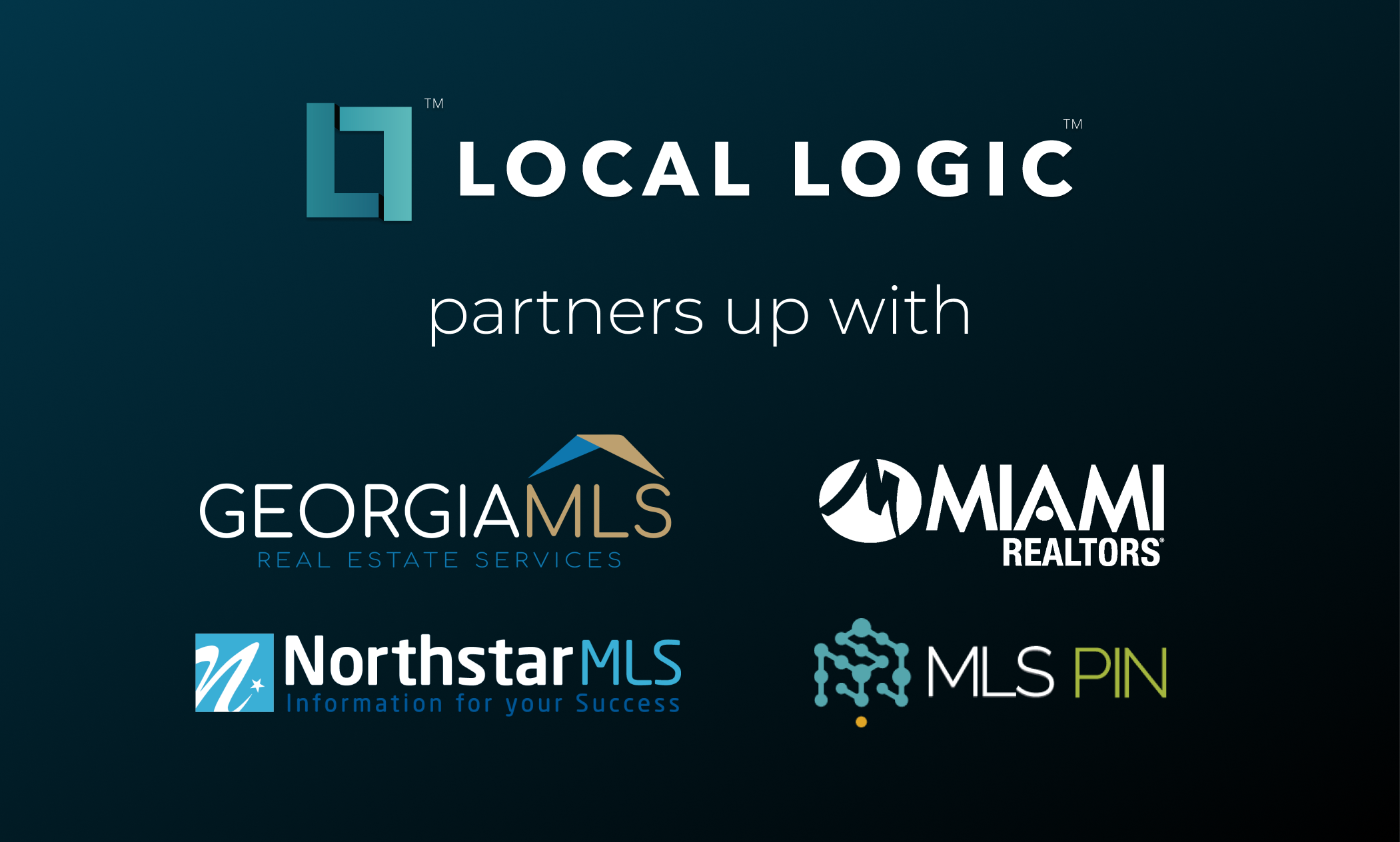 Logo of Local Logic on top of text "parnters up with" followed by GeorgiaMLS logo, Miami Realtors logo, NorthstarMLS logo, and MLS PIN logo to announce partnerships with multiple MLSs