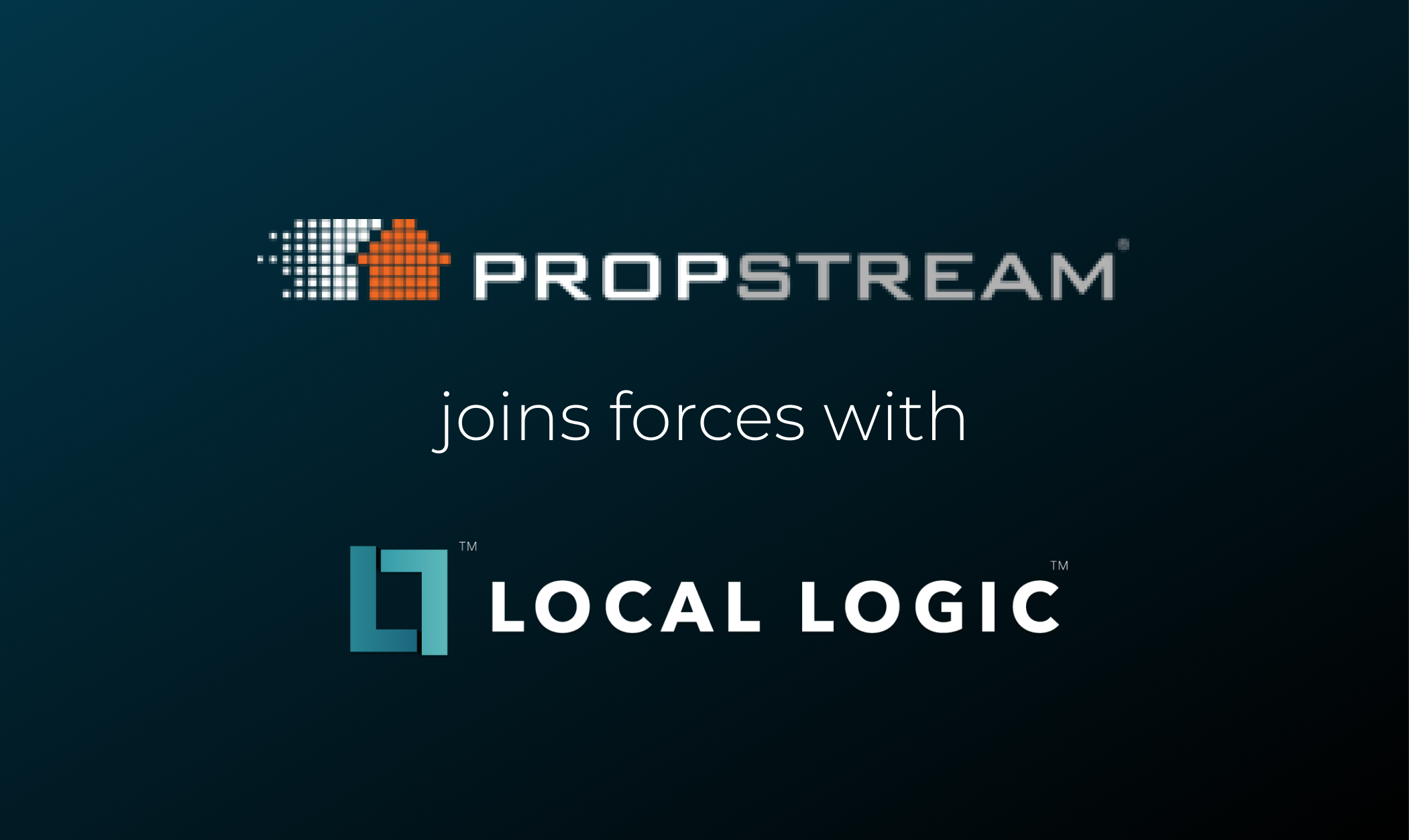 Logo of Propstream on top of text "joins force with" followed by Local Logic logo to announce new partnership between Propstream and Local Logic