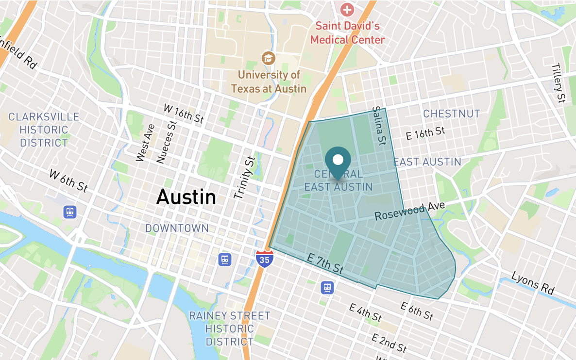 Map of Central East neighborhood in Austin, Texas