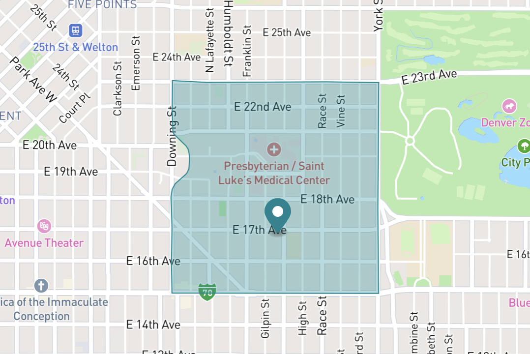 Map of City Park West neighborhood in Denver, Colorado