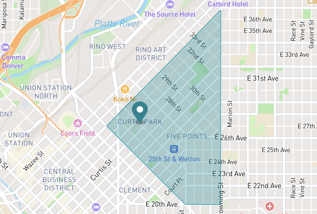 Map of Curtis Park Five Points neighborhood in Denver, Colorado