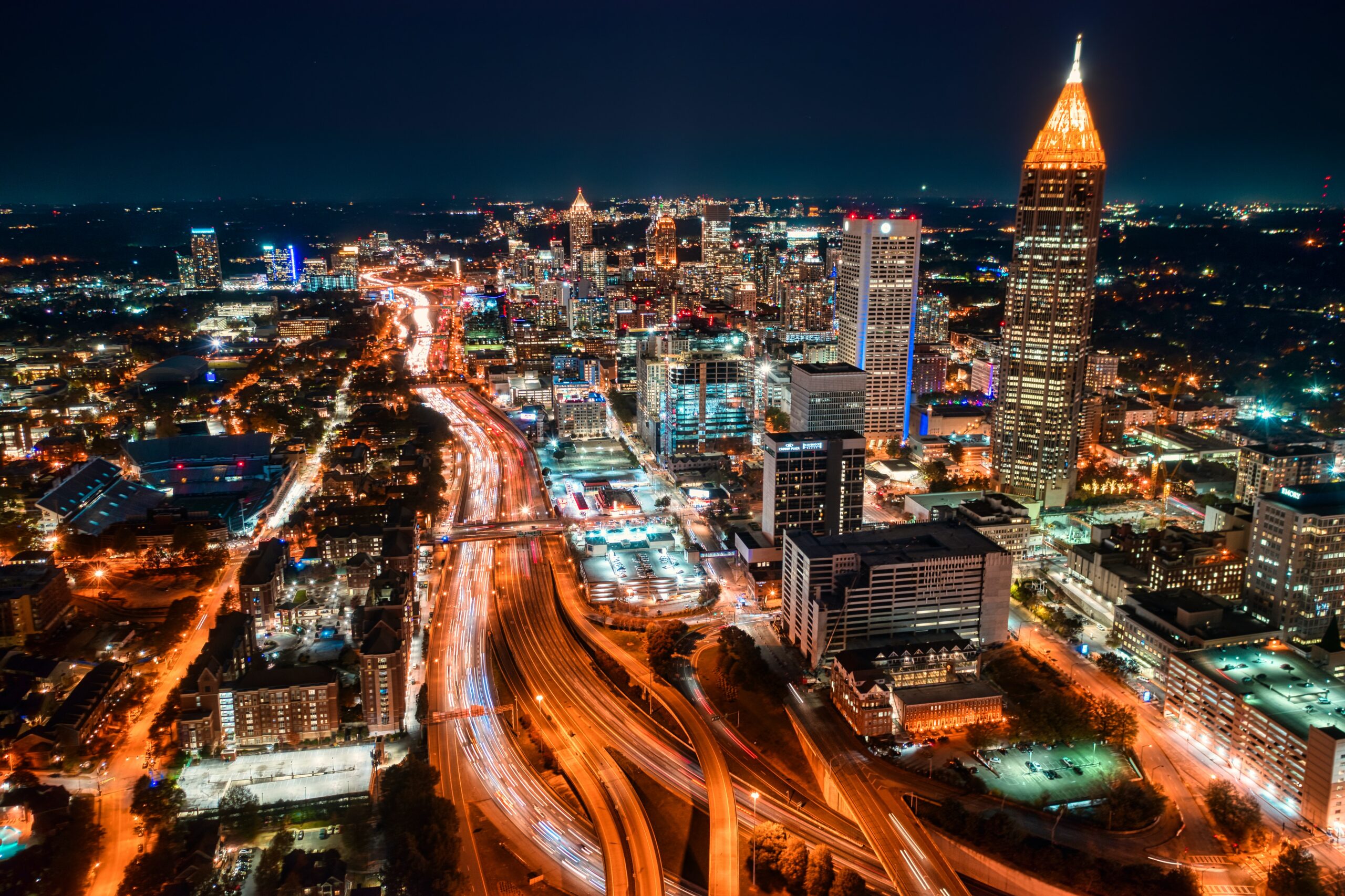 Aerial view of downtown Atlanta illuminated at night