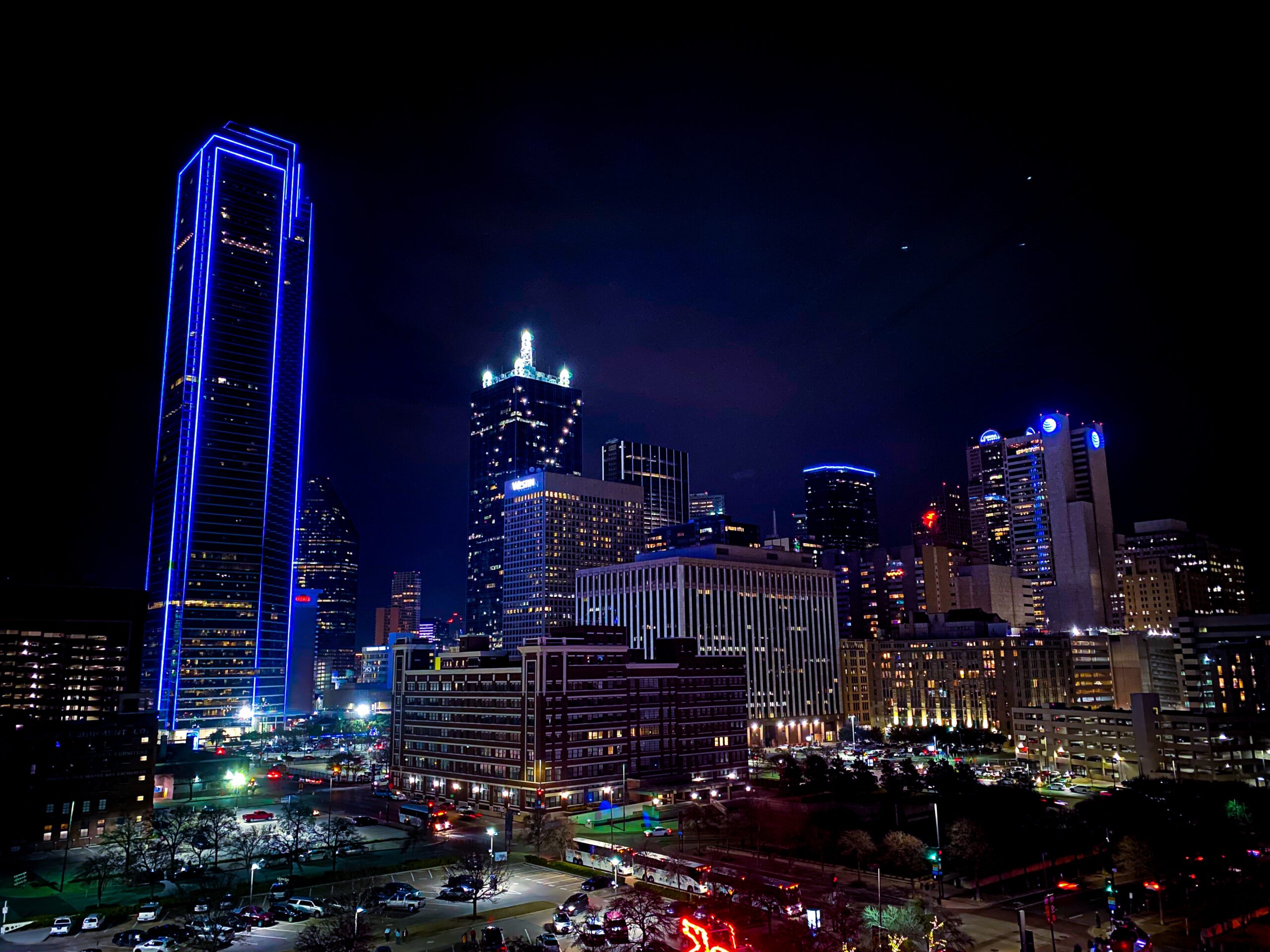 Aerial view of downtown Dallas illuminated at night