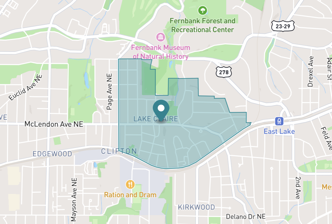 Map of Lake Claire neighborhood in Atlanta, Georgia