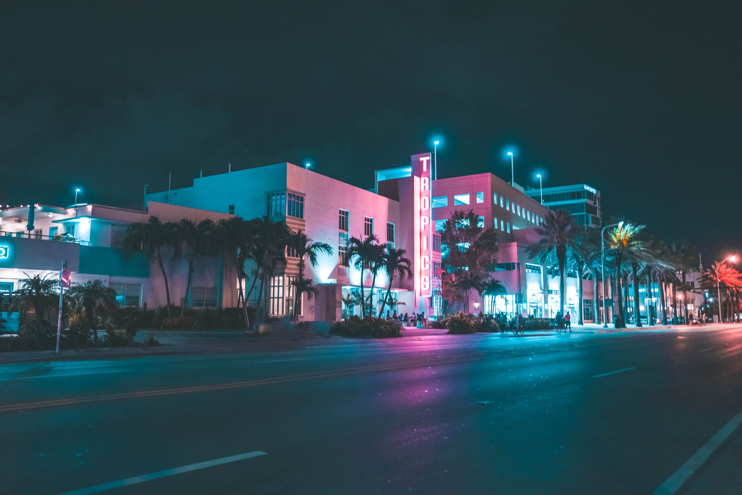 Miami street at night with neon lights lined with palm trees